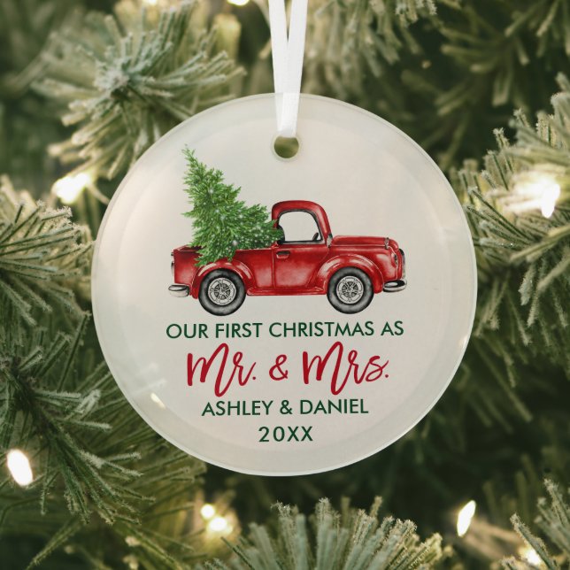 Modern Brush Script First Christmas Red Truck Glass Ornament (Insitu)