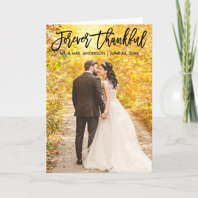 Modern Brush Script Forever Thankful Wedding Fold Letterpress Thank You Card (Front)