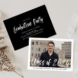 Modern Brush Script Framed Photo Graduation Party Invitation<br><div class="desc">Stylish, modern graduation party invitations featuring the graduate's photo framed in white with "Class of 2024" in a white, watercolor brush script overlay. Personalize the front by adding the graduate's name and school name in black text. The invite reverses to display your graduation party details in white text against a...</div>