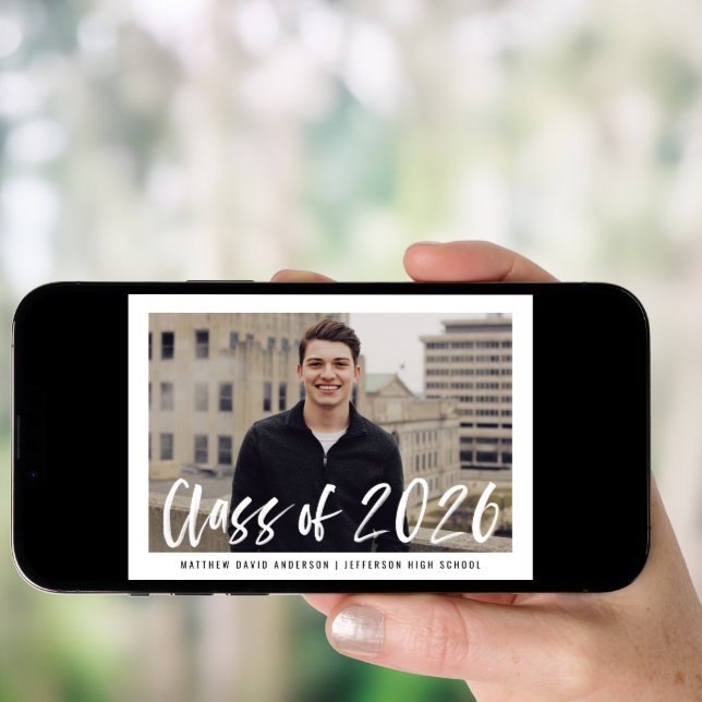 Modern Brush Script Framed Photo Graduation Party Invitation (Front Digital)