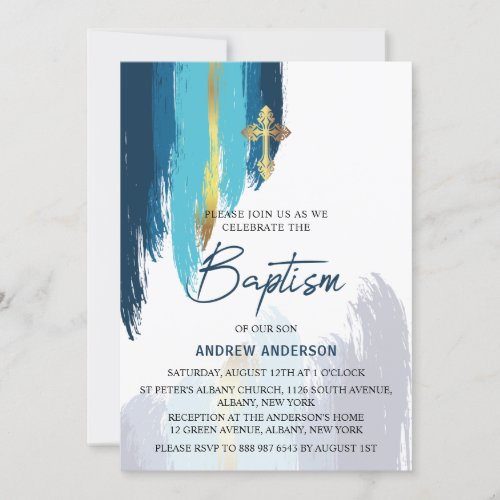 Modern Brush Script Gold And Blue Baptism Invitation