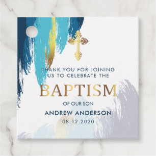 Modern Brush Script Gold & Blue Thank You Baptism Favor Tags