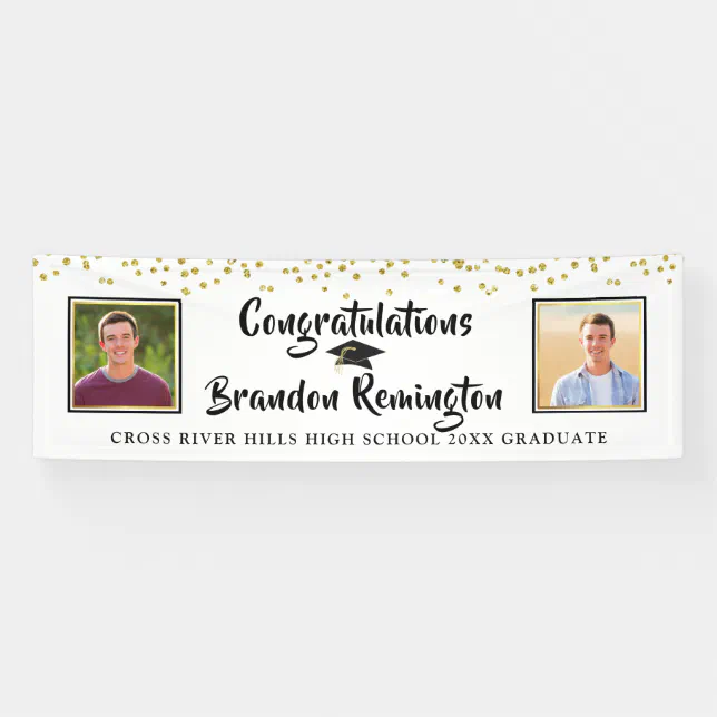 Modern Brush Script Gold Confetti Graduation Black Banner | Zazzle