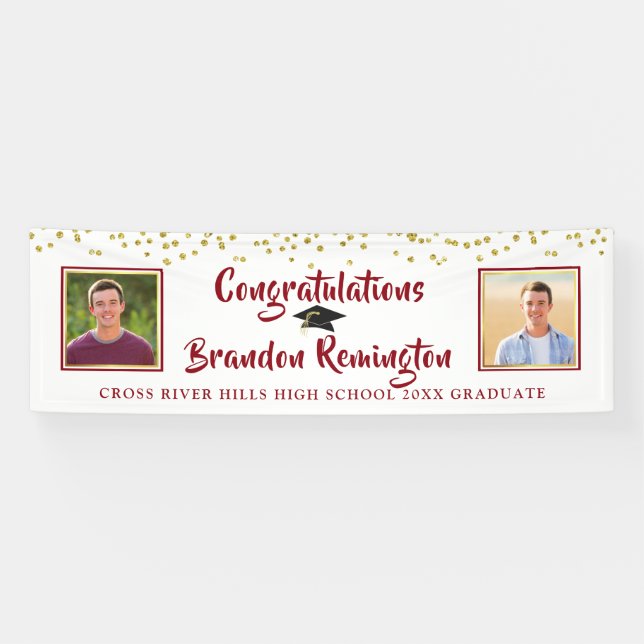 Modern Brush Script Gold Confetti Graduation Red Banner (Horizontal)