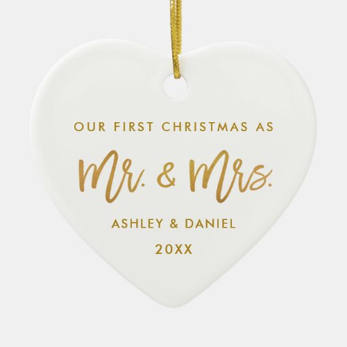 Modern Brush Script Gold First Christmas Mr Mrs Ceramic Ornament