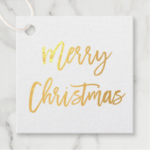 Modern Brush Script Gold Merry Christmas Square Foil Favor Tags