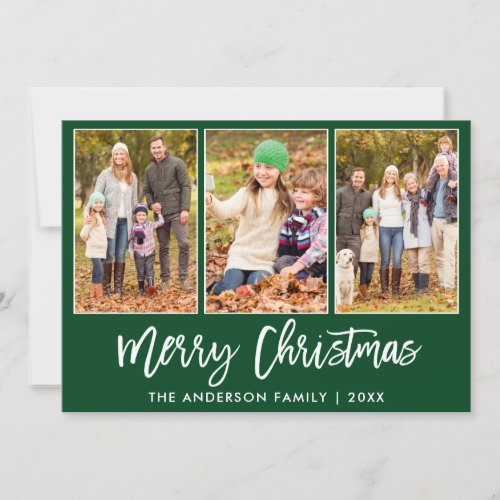 Modern Brush Script Green 3 Photo Christmas Truck Holiday Card