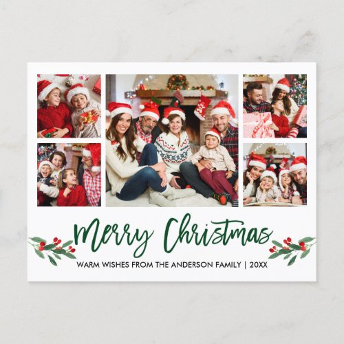 Modern Brush Script Green 5 Photo Family Christmas Postcard