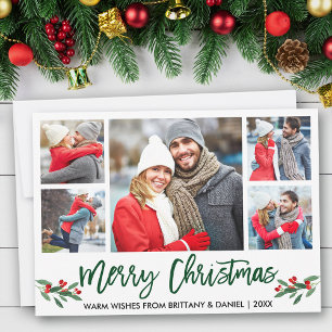 Modern Brush Script Green 5 Photo Merry Christmas Holiday Card