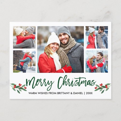 Modern Brush Script Green 5 Photo Merry Christmas Postcard