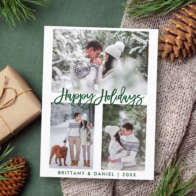 Modern Brush Script Green Happy Holidays 3 Photo Postcard (Customize to change your personalized text size or text style.)