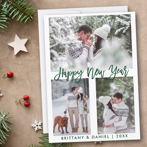 Modern Brush Script Green Happy New Year Photo Holiday Card