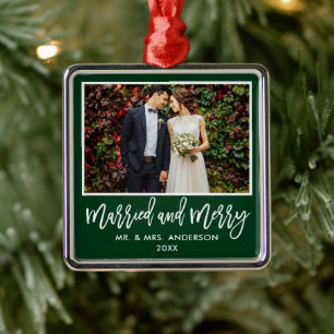 Modern Brush Script Green Married and Merry Metal Ornament