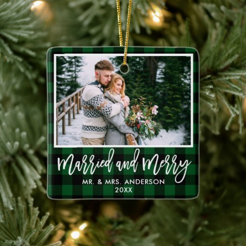 Modern Brush Script Green Plaid Married and Merry Ceramic Ornament