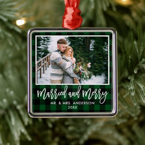 Modern Brush Script Green Plaid Married and Merry Metal Ornament