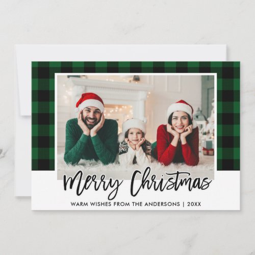 Modern Brush Script Green Plaid Photo Christmas Holiday Card