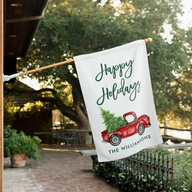 Modern Brush Script Green Rustic Red Truck Holiday House Flag (In SItu)