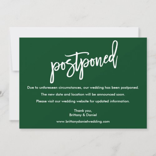 Modern Brush Script Green Wedding Postponed Card