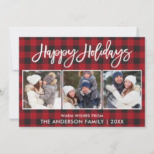 Modern Brush Script Happy Holidays 3 Photo Plaid Holiday Card
