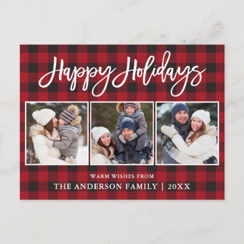 Modern Brush Script Happy Holidays 3 Photo Plaid Postcard