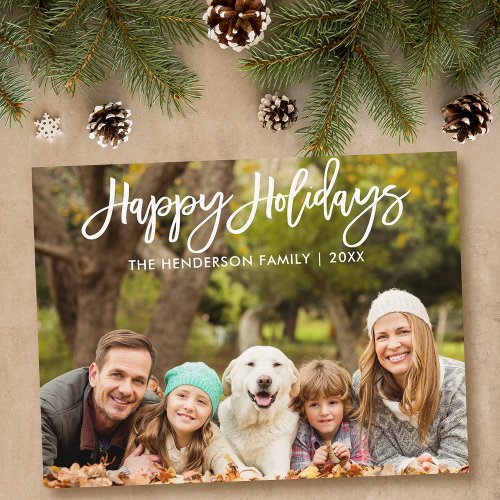 Modern Brush Script Happy Holidays Family Photo Postcard