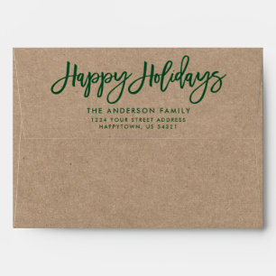 Modern Brush Script Happy Holidays Kraft Green Envelope
