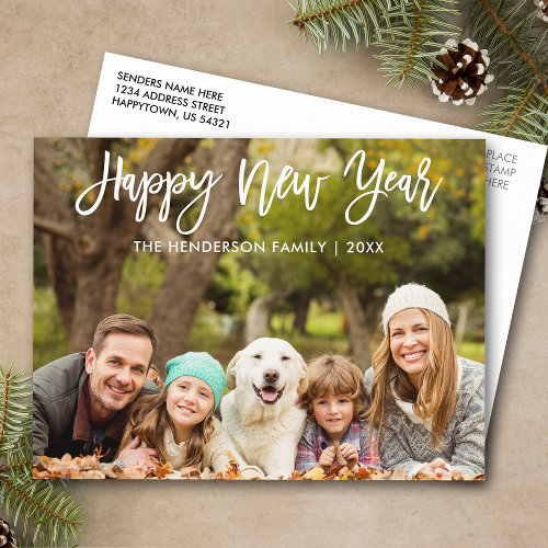 Modern Brush Script Happy New Year Family Photo Postcard