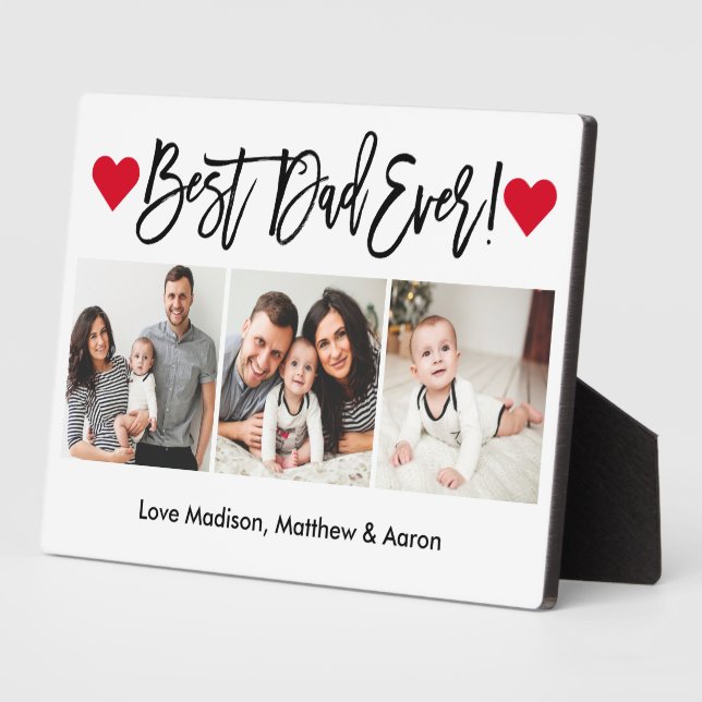 Modern Brush Script Hearts 3 Photo Best Dad Ever Plaque (Side)