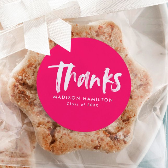 Modern Brush Script Hot Pink Graduation Thank You Classic Round Sticker (Creator Uploaded)
