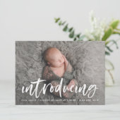 Modern Brush Script Introducing Photo Birth Announcement (Standing Front)