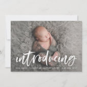 Modern Brush Script Introducing Photo Birth Announcement (Front)