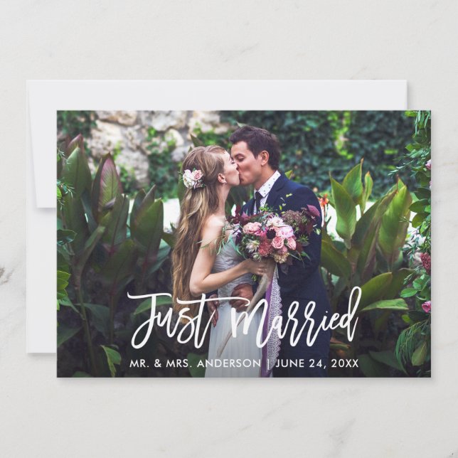 Modern Brush Script Just Married Wedding Photo Announcement (Front)