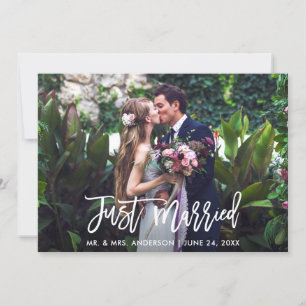Modern Brush Script Just Married Wedding Photo Announcement