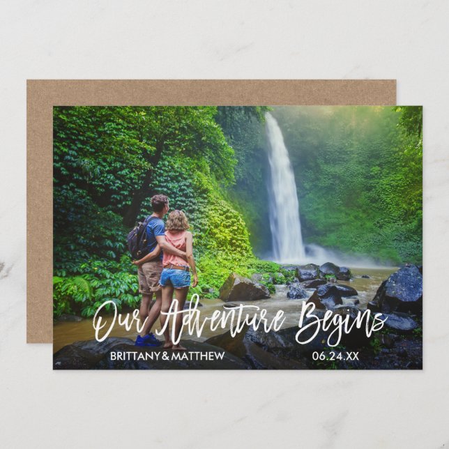 Modern Brush Script Kraft Our Adventure Begins Save The Date (Front/Back)