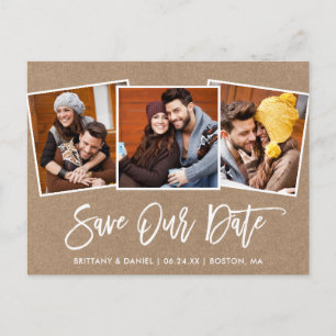 Modern Brush Script Kraft Save Our Date 3 Photo Postcard