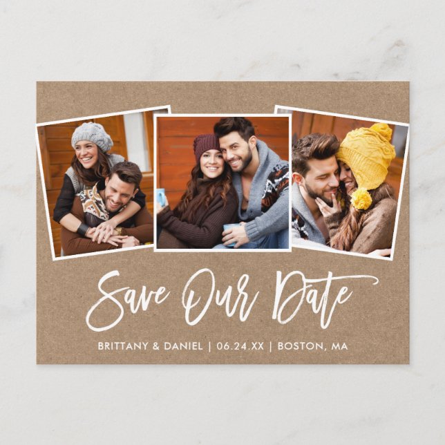 Modern Brush Script Kraft Save Our Date 3 Photo Postcard (Front)