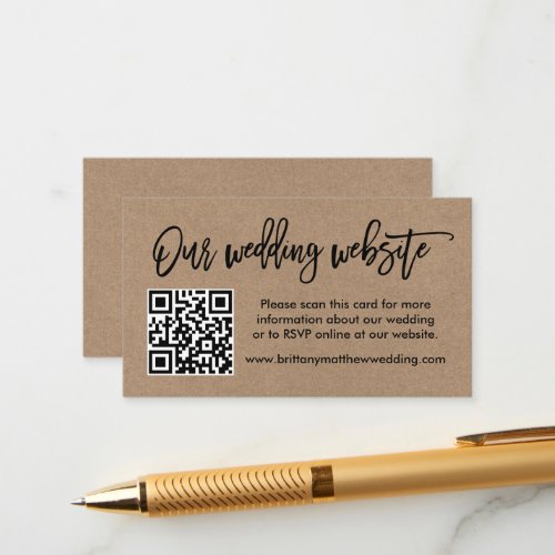 Modern Brush Script Kraft Wedding Website QR Enclosure Card