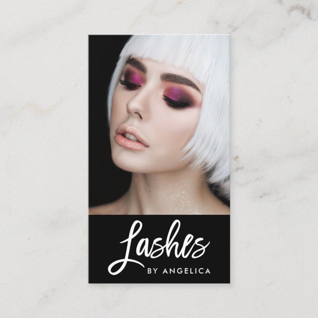 Modern Brush Script Lashes Makeup Artist Photo Business Card (Front)