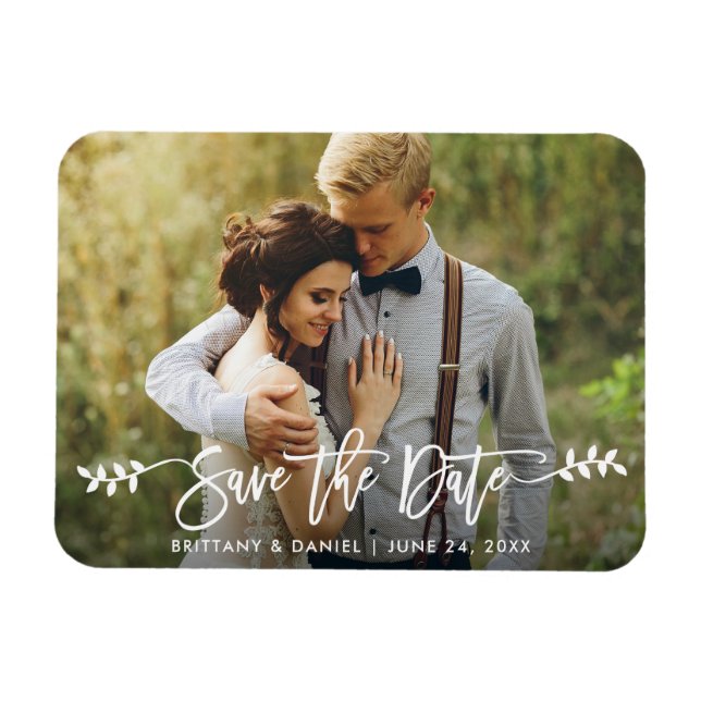 Modern Brush Script Leaves Save The Date Photo Magnet (Horizontal)