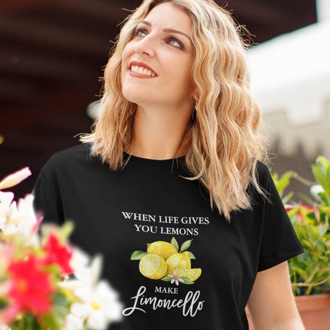 Modern Brush Script Limoncello Lemons Black T-Shirt (Many shirt sizes, colors & styles to choose from.)