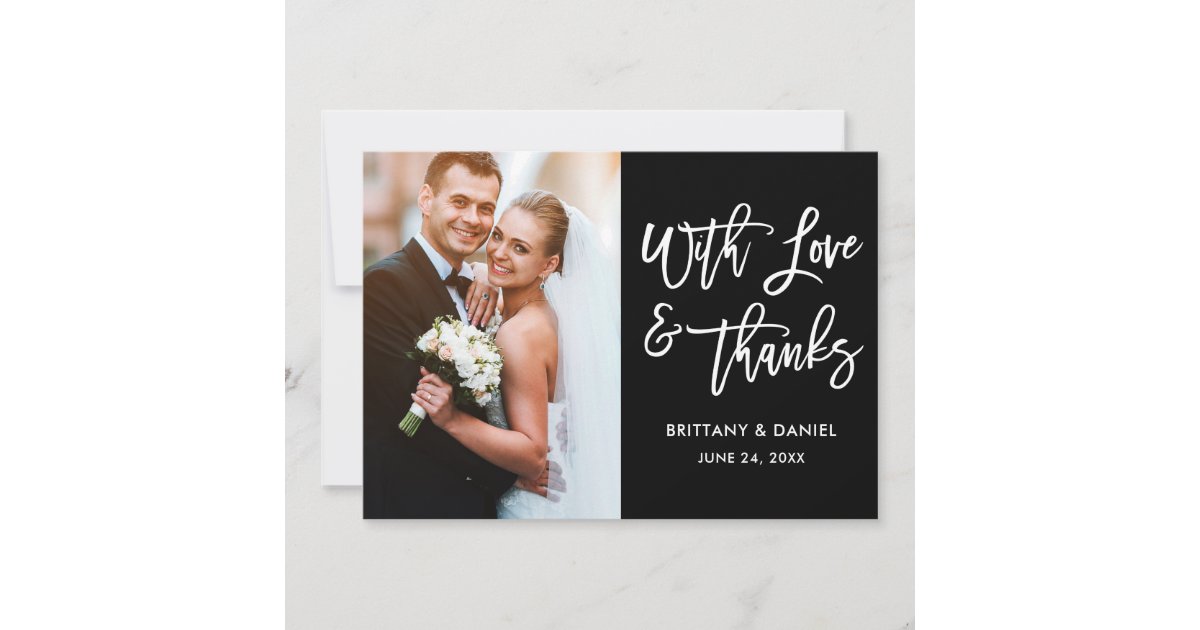 Modern Brush Script Love and Thanks Wedding Blk Thank You Card | Zazzle