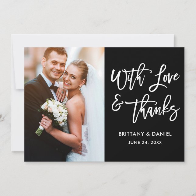 Modern Brush Script Love and Thanks Wedding Blk Thank You Card (Front)