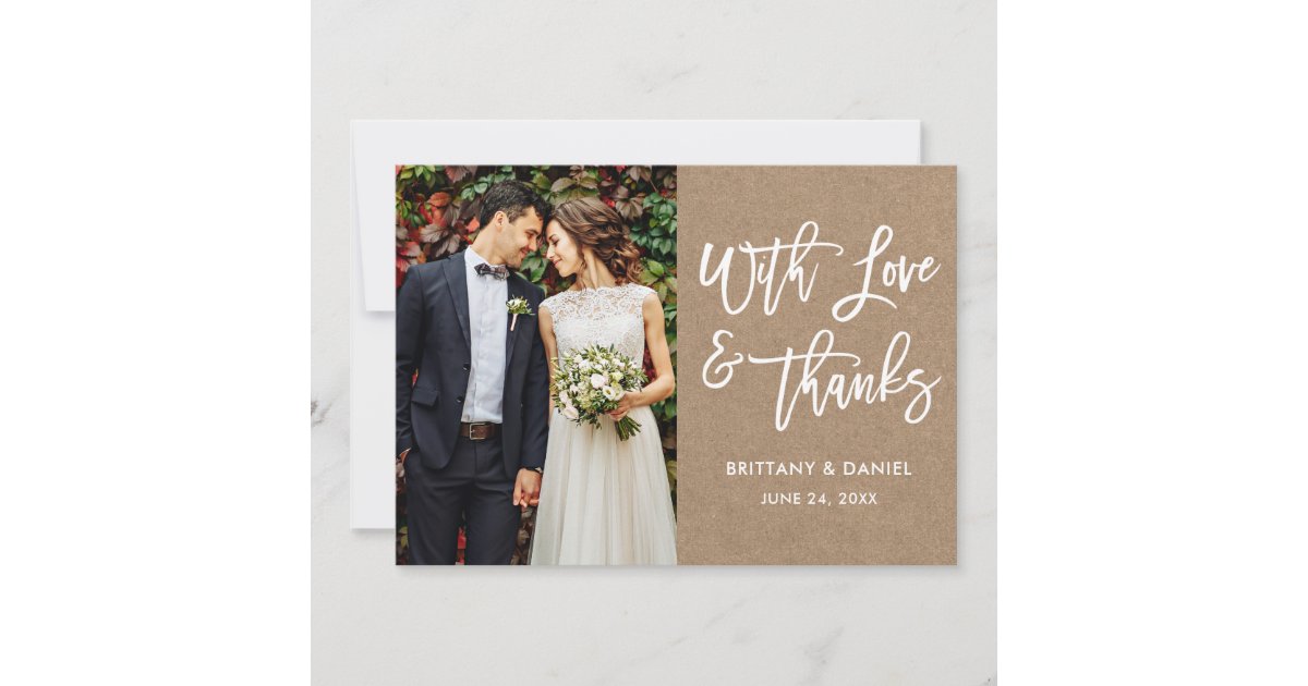 Modern Brush Script Love and Thanks Wedding Kraft Thank You Card | Zazzle