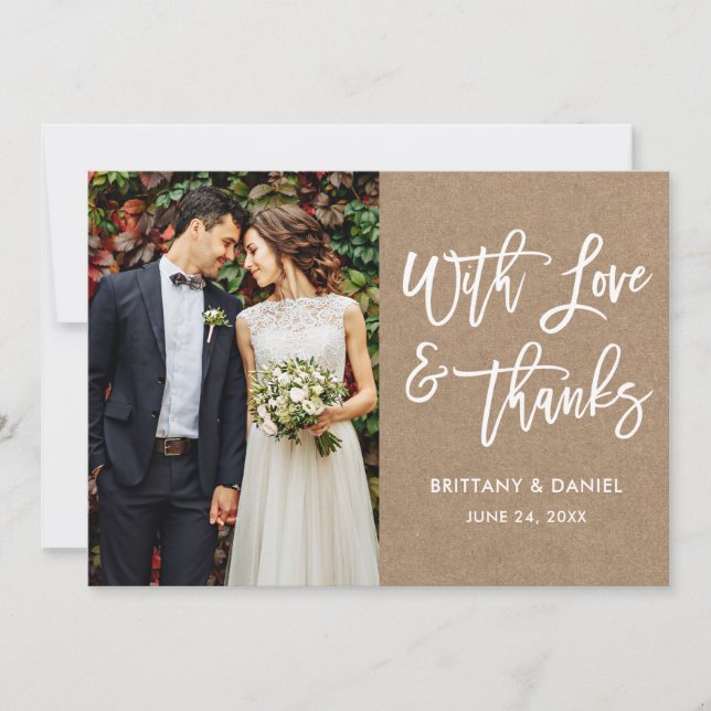 Modern Brush Script Love and Thanks Wedding Kraft Thank You Card (Front)