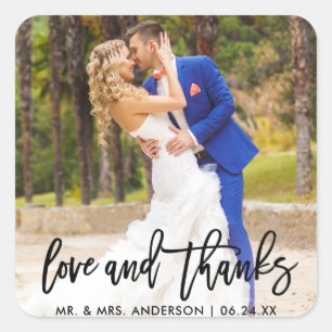 Modern Brush Script Love and Thanks Wedding Square Sticker