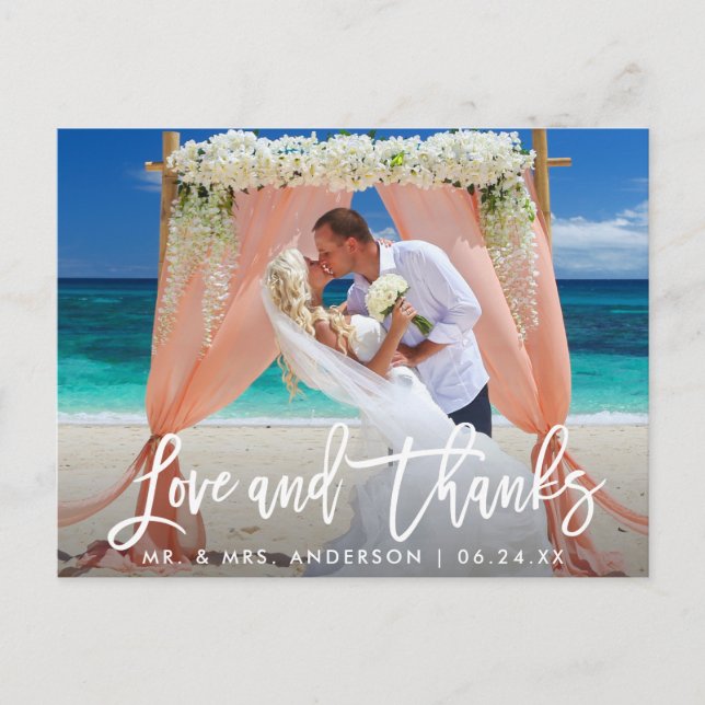 Modern Brush Script Love and Thanks Wedding Wht Postcard (Front)
