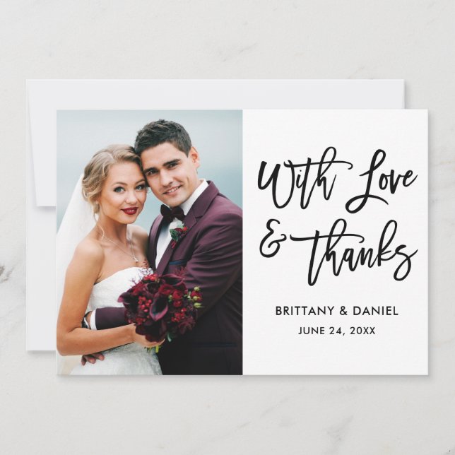 Modern Brush Script Love and Thanks Wedding Wht Thank You Card (Front)