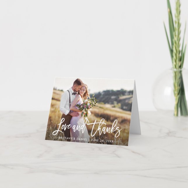 Modern Brush Script Love Thanks | Wedding Note Card (Front)