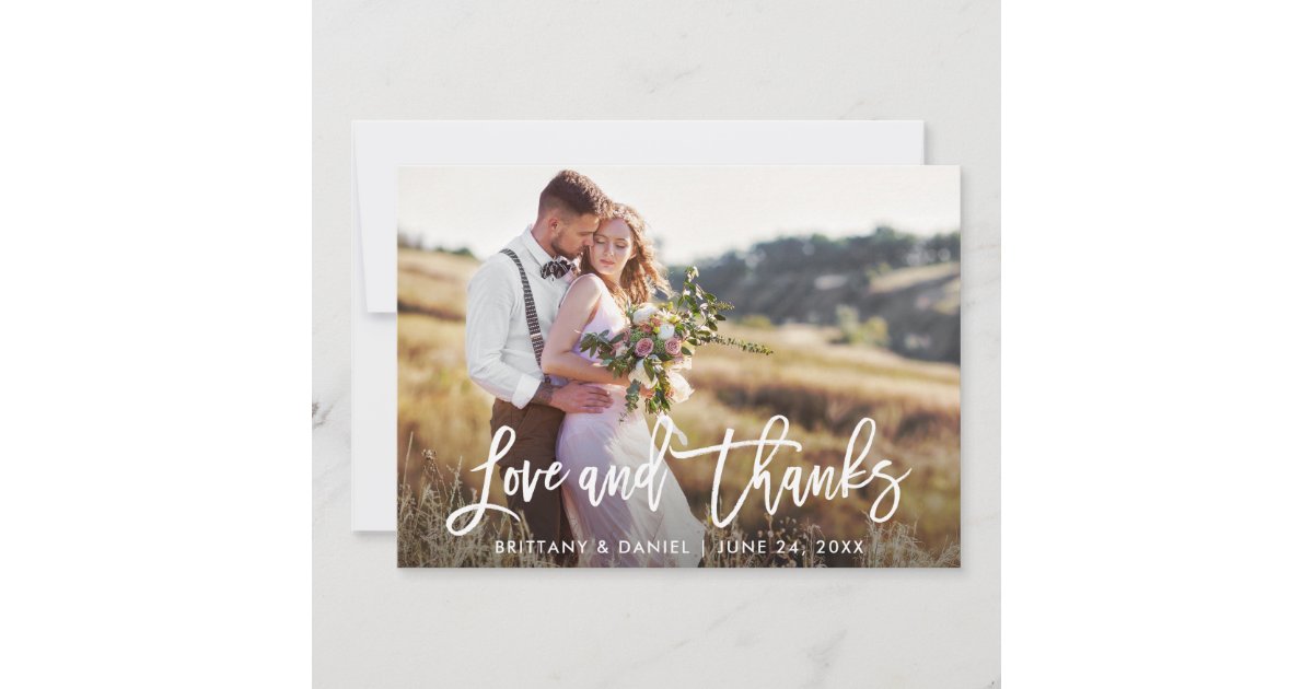 Modern Brush Script Love Thanks | Wedding Photo Thank You Card | Zazzle