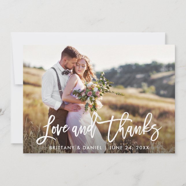 Modern Brush Script Love Thanks | Wedding Photo Thank You Card (Front)